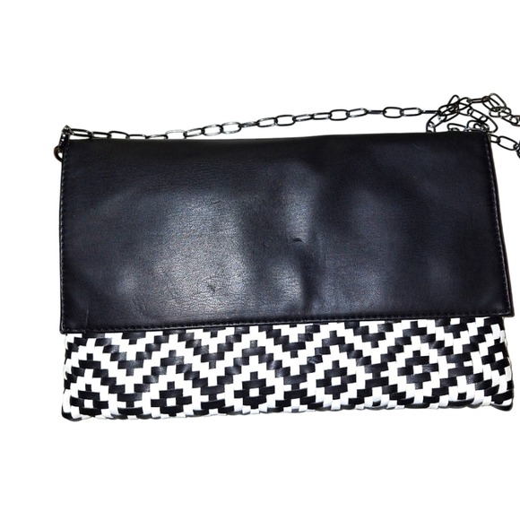 Deux Lux Handbags - Deux Lux Black White Woven Geometric Foldover Clutch Crossbody Bag Vegan Leather